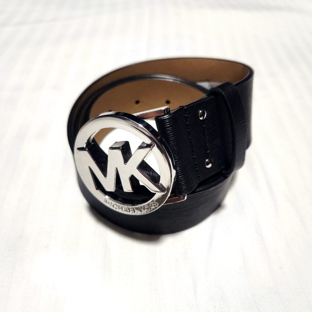 Michael Kors Black Leather Belt with Silver Buckle